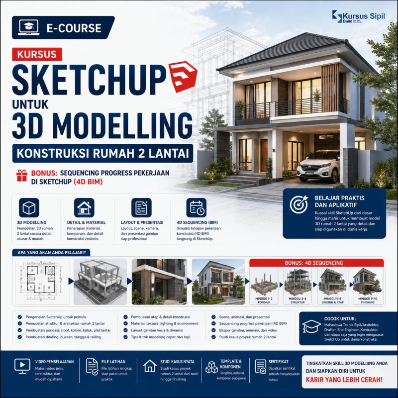 Kursus Sketchup untuk 3D Modelling Konstruksi Rumah 2 Lantai Bonus: sequencing progress pekerjaan di sketchup (4D BIM)