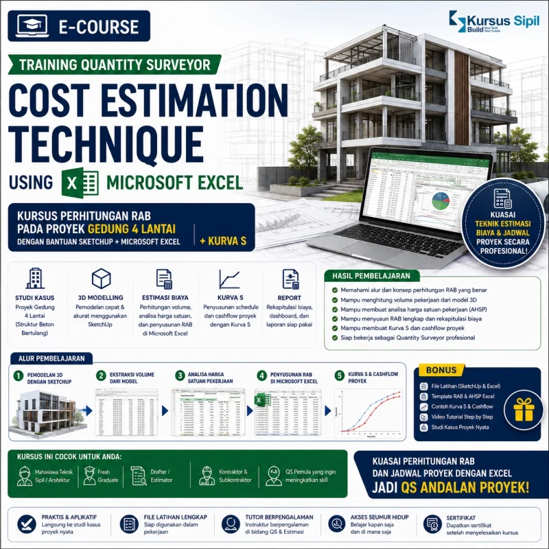 Training Quantity Surveyor: Cost Estimation Technique using Microsoft Excel (Kursus Perhitungan RAB Pada proyek Gedung 4 Lantai dengan bantuan Sketchup + Microsoft Excel) + Kurva S