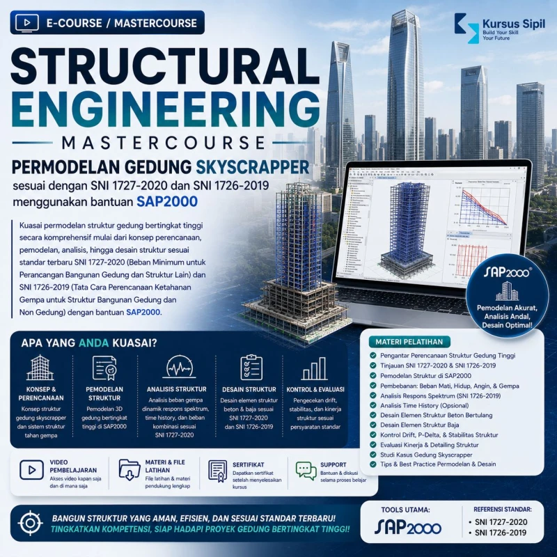 Structural Engineering MasterCourse: Permodelan Gedung Skyscrapper sesuai dengan SNI 1727-2020 dan SNI 1726-2019 menggunakan bantuan SAP2000